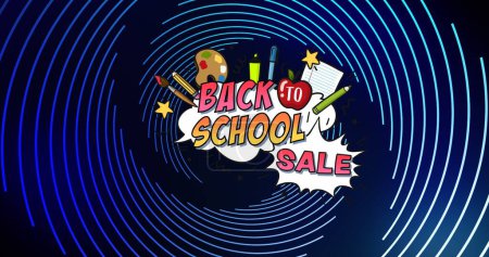 Photo for Image of back to school over blue spiral on black background. Back to school, education, sales and promotions concept digitally generated image. - Royalty Free Image