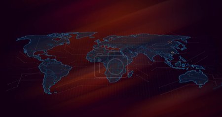 Photo for Image of world map and icons over dark red and black background. Global finance, data processing and technology concept digitally generated image. - Royalty Free Image