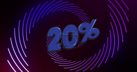 Image de 20 % et de lignes violettes tournant sur fond noir. Ventes, promotions et concept d'achat image générée numériquement.