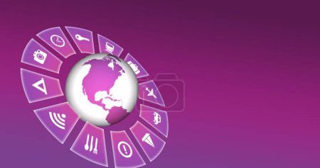Photo for Image of travel icons with globe and copy space on pink background. Global travel, technology, digital interface and data processing concept digitally generated image. - Royalty Free Image