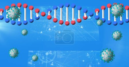 Foto de Imagen de la hebra de ADN girando sobre el procesamiento de datos médicos. Múltiples células y concepto de investigación de imagen generada digitalmente. - Imagen libre de derechos