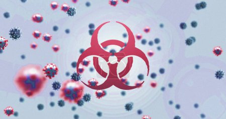 Photo for Image of biohazard sign and covid 19 cells floating over white background. global covid 19 pandemic concept digitally generated image. - Royalty Free Image