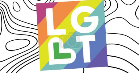 Image of lgbt over colorful square and white background with waves. Lgbt, gay pride and rights concept digitally generated image.