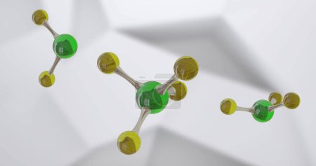 Image of micro of molecules models over grey background. Global science, research and connections concept digitally generated image.