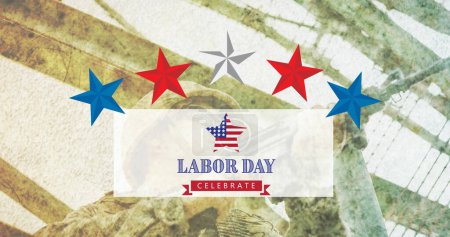 Photo for Image of labor day text over soldier with gun. patriotism and celebration concept digitally generated image. - Royalty Free Image
