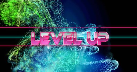 Image of level up text between lines over dynamic dots forming waves against abstract background. Digitally generated, hologram, illustration, illuminated, progress, image game, technology.