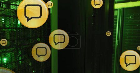 Photo for Image of speech bubbles icons over server room. Global technology, computing and digital interface concept, digitally generated image. - Royalty Free Image