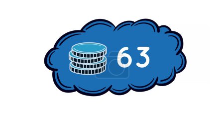 Digital image of increasing numbers and coin icon inside a blue cloud on a white background 