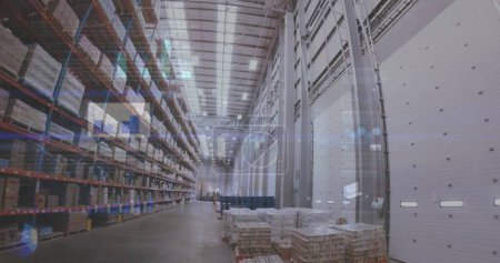 Digital composition of statistical data processing against warehouse in background. logistics and transportation business concept