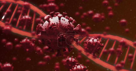Foto de Imagen del coronavirus 3D Covid 19 propagándose con hebra de ADN giratoria. Imagen generada digitalmente por concepto pandémico de coronavirus global. - Imagen libre de derechos