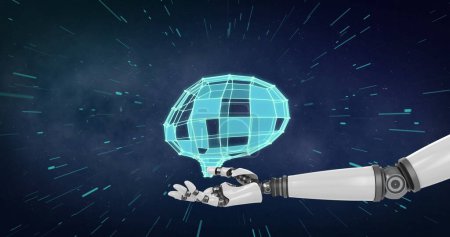 Image d'une main robotisée avec cerveau avec des traînées de lumière sur fond bleu. Concept de technologie et d'interface numérique image générée numériquement.