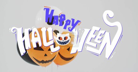 Photo for Happy halloween text banner over halloween pumpkin printed balloons against grey background. halloween festivity and celebration concept - Royalty Free Image