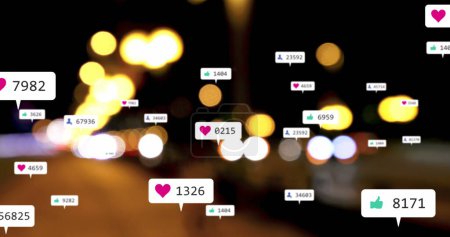 Photo for Image of social media icons and numbers over out of focus city lights. global social media, networking, connections and digital interface concept digitally generated image. - Royalty Free Image