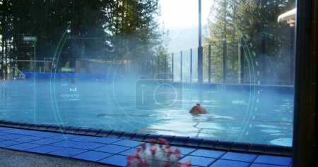 Photo for Image of scope scanning, finding macro Covid-19 cell over Caucasian woman swimming in a pool. Coronavirus Covid-19 pandemic concept digital composite - Royalty Free Image