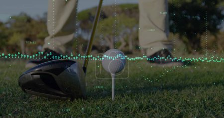 Global sports fitness and data processing concept digitally generated image. Low section of man playing golf