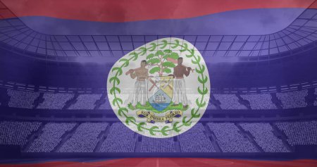 Bild von schwenkender Flagge des Glaubens über dem Sportstadion. Sport, Wettbewerb, Unterhaltung und Technologiekonzept digital generiertes Image.