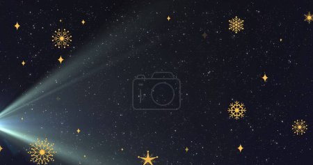 Téléchargez les photos : Image de flocons de neige dorés sur fond noir avec des points et de la lumière. Concept d'hiver, de Noël et de célébration image générée numériquement. - en image libre de droit