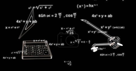 Image d'icônes de l'école sur des équations mathématiques sur fond noir. Éducation, apprentissage, connaissance, science et concept d'interface numérique image générée numériquement.