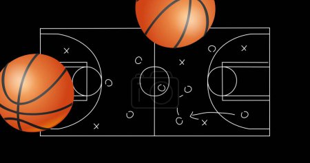 Image of basketballs over drawing of game plan on black background. sports and competition concept digitally generated image.