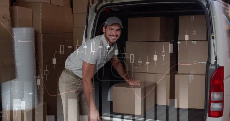 Photo for Image of financial data over happy caucasian male courier loading packages into car. business, finance and delivery services concept digitally generated image. - Royalty Free Image