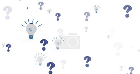 Foto de Image of lightbulb icons over question marks on white background. Global education and digital interface concept digitally generated image. - Imagen libre de derechos