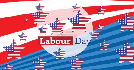 Bild des Textes zum Tag der Arbeit über Sternen, rot, weiß und blau der Flagge der Vereinigten Staaten von Amerika. Amerikanische Tradition und Feierkonzept digital generiertes Image.