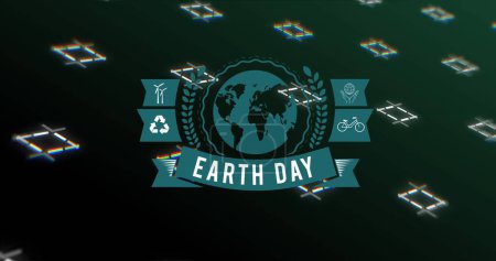 Image of earth day and globe over black background with moving lines. Earth day and celebration concept digitally generated image.