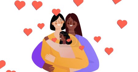 Foto de Imagen de pareja lesbiana diversa con hija sobre fondo blanco con corazones. Familia y concepto de adopción imagen generada digitalmente. - Imagen libre de derechos