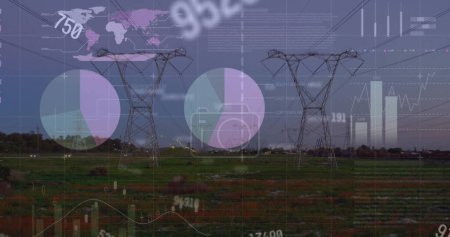 Imagen del procesamiento de datos financieros sobre torres eléctricas en el campo. Finanzas globales, concepto de energía y medio ambiente imagen generada digitalmente.