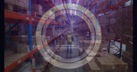 Photo for Image of abstract circular shape over male worker riding on segway at warehouse. Logistics and business technology concept - Royalty Free Image