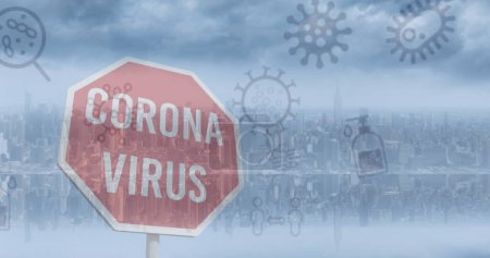Téléchargez les photos : Image de 19 icônes covid flottant sur le texte du virus corona sur le panneau d'arrêt et le paysage urbain. global coronavirus covid 19 pandémie concept image générée numériquement. - en image libre de droit