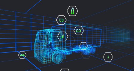 Téléchargez les photos : Image de plusieurs icônes numériques sur le modèle de camion 3D se déplaçant dans un modèle sans couture dans un tunnel. Ev et concept d'énergie durable - en image libre de droit
