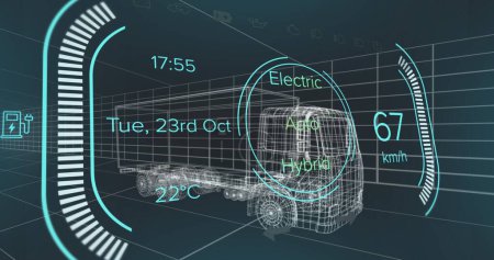Image of car interface over digital lorry model on black background. global transport, technology and digital interface concept digitally generated image.