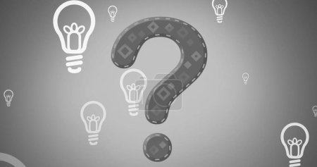 Photo for Image of question mark over lightbulbs on grey background. Global education and digital interface concept digitally generated image. - Royalty Free Image