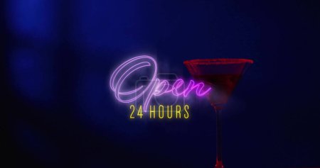 Image of open 24 hours neon text and cocktail on blue background. Party, drink, entertainment and celebration concept digitally generated image.