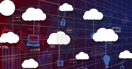 Photo for Image of clouds with icons over data processing and world map on black background. Global technology, computing and digital interface concept digitally generated image. - Royalty Free Image