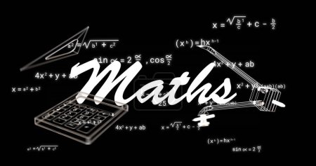 Image of maths text over icons and mathematical equations on black background. Education, learning, knowledge, science and digital interface concept digitally generated image.