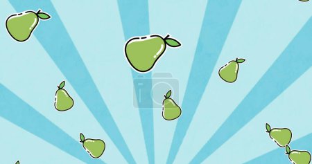 Image of falling pears over blue stripes background. World vegan day, nutrition, diet concept digitally generated image.