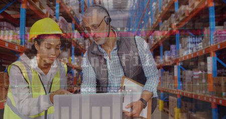 Photo for Image of financial data over diverse female and male warehouse workers. Business, trade, delivery and finance concept digitally generated image. - Royalty Free Image