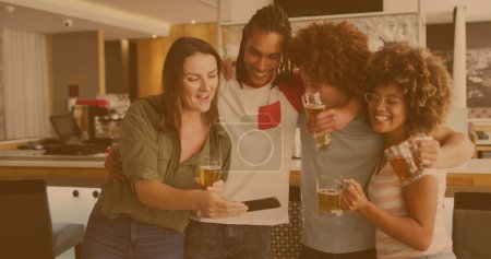 Photo for Image of light spots over happy diverse friends using smartphone with beer. social media and communication interface concept digitally generated image. - Royalty Free Image