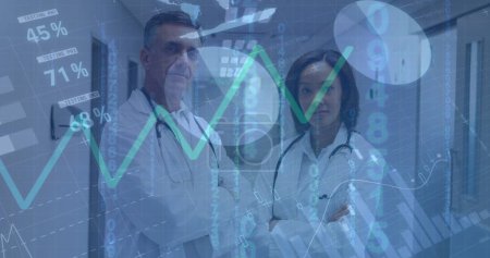 Image of data processing over diverse doctors. Global medicine, computing and digital interface concept digitally generated image.