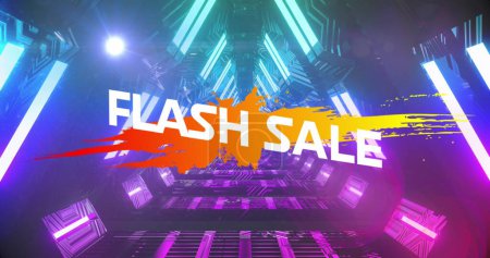 Photo for Image of flash sale text on color splash over looping futuristic tunnel in background. Digitally generated, hologram, illustration, illuminated, discount, advertising and technology concept. - Royalty Free Image