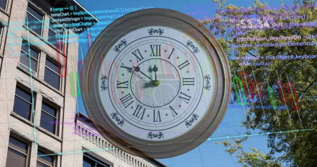 Photo for Image of diagrams and data processing with clock over cityscape. Global business, time and digital interface concept, digitally generated image. - Royalty Free Image