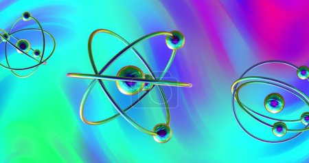 Image de modèles atomiques tournant sur un fond vibrant multicolore. Science globale, recherche, connexions, informatique et traitement des données concept image générée numériquement.