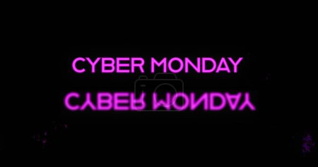 Bild der Wörter Cyber Monday in lila Buchstaben mit Spiegelung und lila Explosionen auf schwarzem Hintergrund 4k