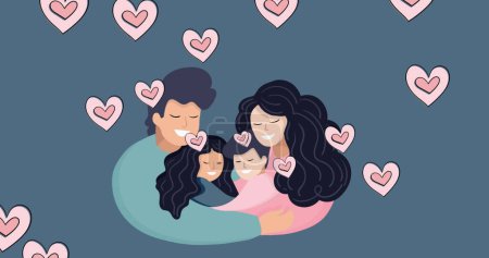 Image of happy biracial parents and children over blue background with hearts. Family and adoption concept digitally generated image.