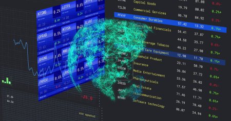 Image of financial data processing and statistics over globe. Global business, finances, computing and data processing concept digitally generated image.