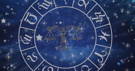 Téléchargez les photos : Composition of libra star sign symbol in spinning zodiac wheel over glowing stars. horoscope et signe du zodiaque concept image générée numériquement. - en image libre de droit