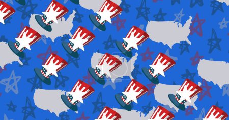 Téléchargez les photos : Image de chapeaux aux couleurs du drapeau des Etats-Unis sur des cartes des Etats-Unis flottant sur fond bleu. fête des présidents, fête de l'indépendance et concept de patriotisme américain image générée numériquement. - en image libre de droit