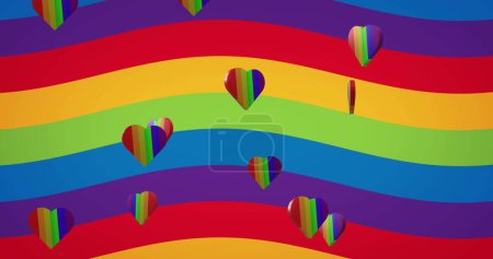 Photo for Image of rainbow hearts over rainbow background. Pride month, lgbt, equality and human rights concept digitally generated image. - Royalty Free Image